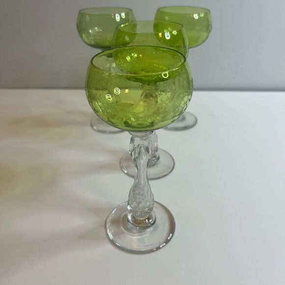 Antique Villeroy & Boch Hock Wine Glass Floral Scrollwork Green Clear Cut Stem - Picture 14 of 15